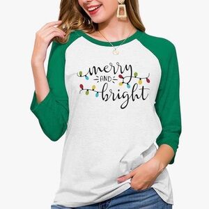Holiday/Christmas Festive Green and White Raglan Sleeve Women's Top